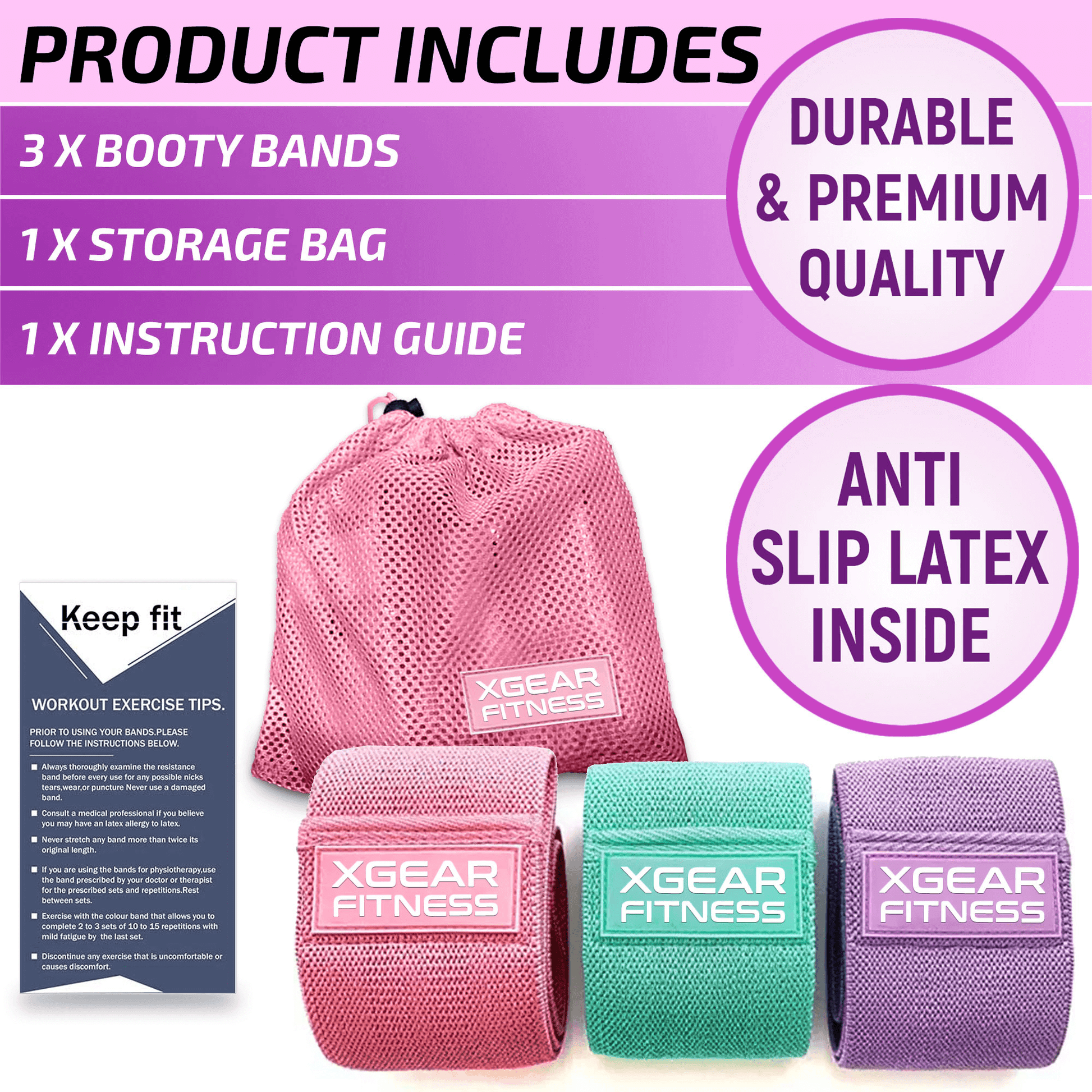 XGear Fitness Set of 3 Womens Butt and Hip Exercise Bands-3