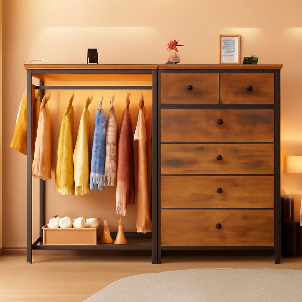 49 Inch Rustic Brown Dresser With Clothes Rack LED Lights - JM Suppliers International