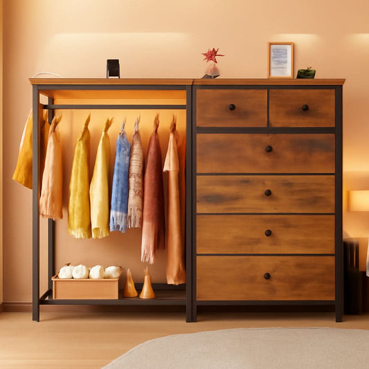 49 Inch Rustic Brown Dresser With Clothes Rack LED Lights - JM Suppliers International