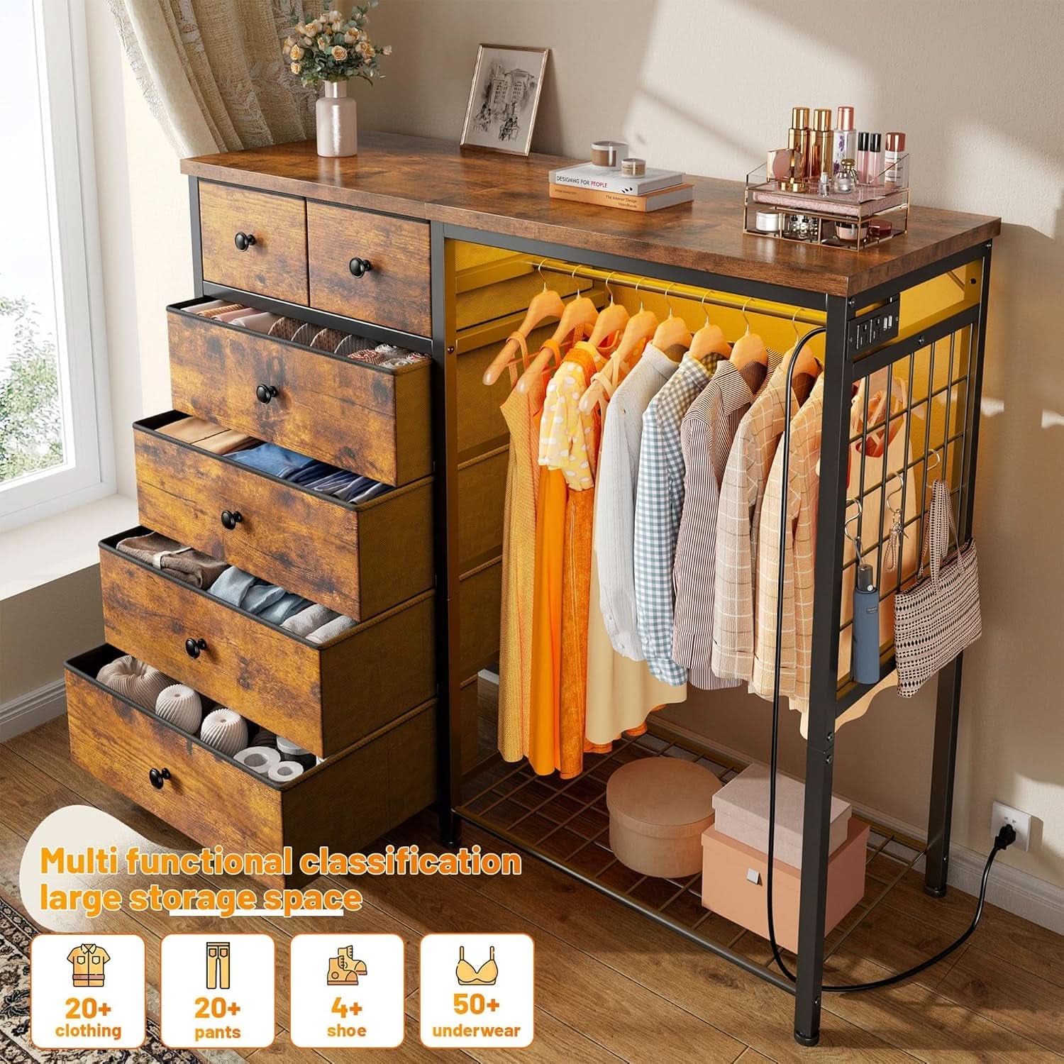 49 Inch Rustic Brown Dresser With Clothes Rack LED Lights - JM Suppliers International