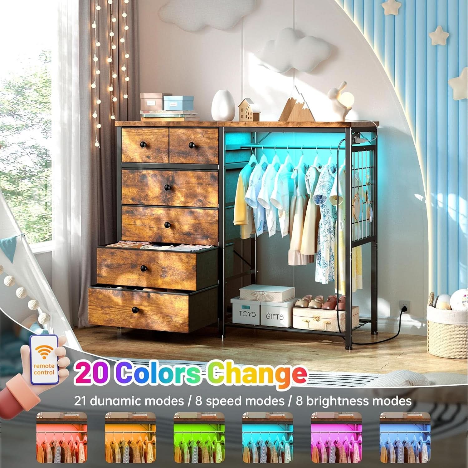 49 Inch Rustic Brown Dresser With Clothes Rack LED Lights - JM Suppliers International