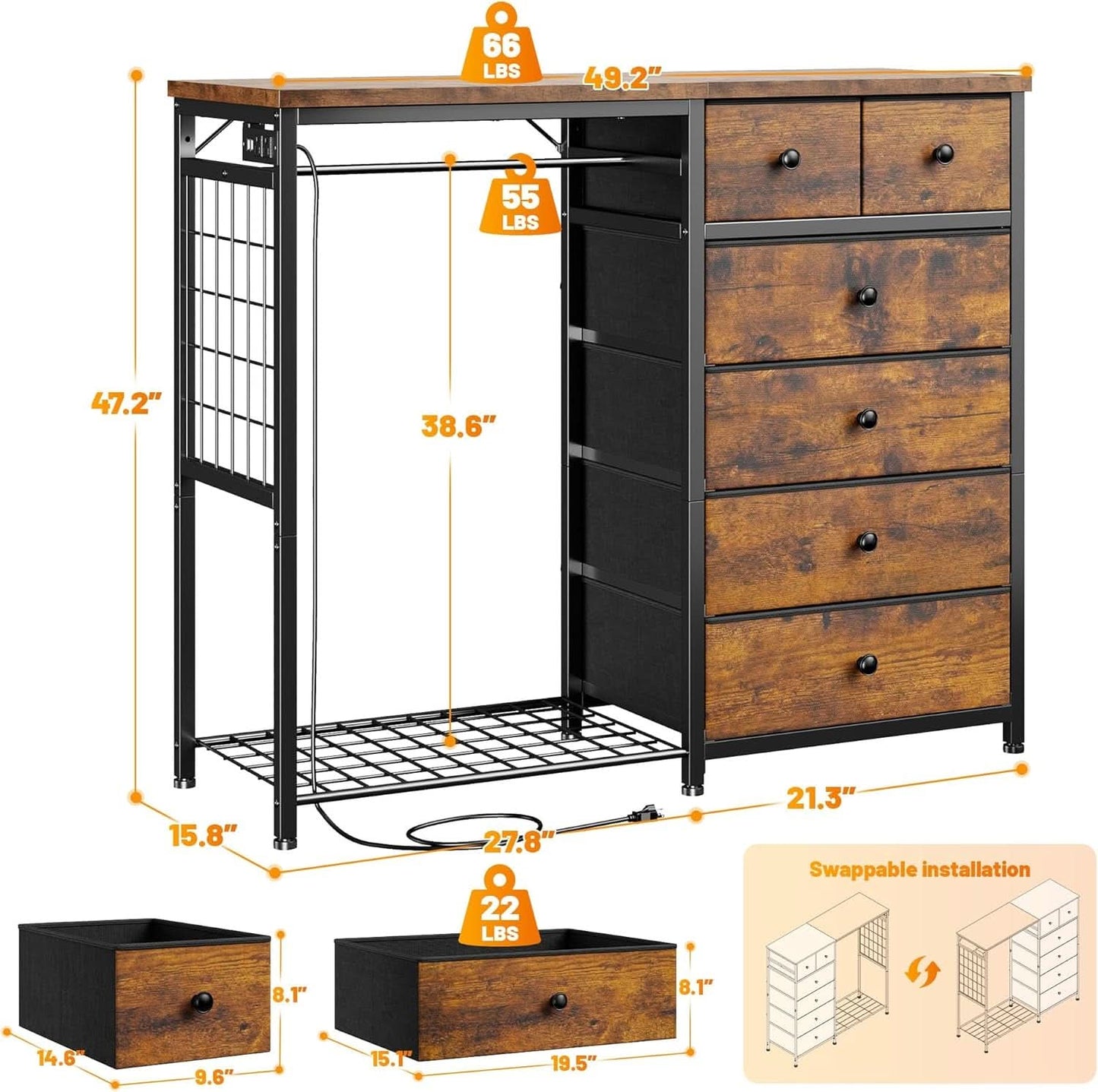 49 Inch Rustic Brown Dresser With Clothes Rack LED Lights - JM Suppliers International