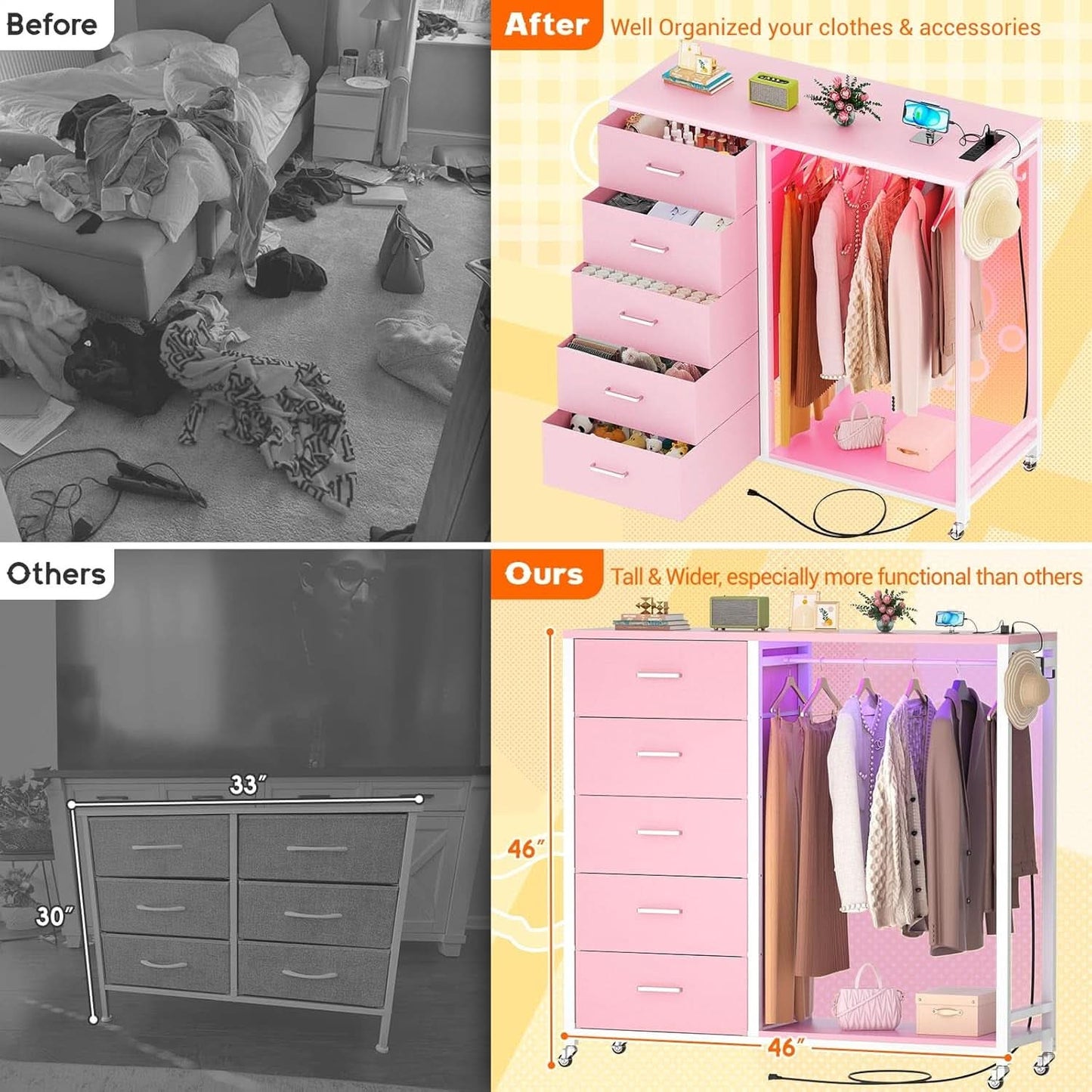 Pink Dresser With Clothes Rack 5 Drawers Charging Station - JM Suppliers International