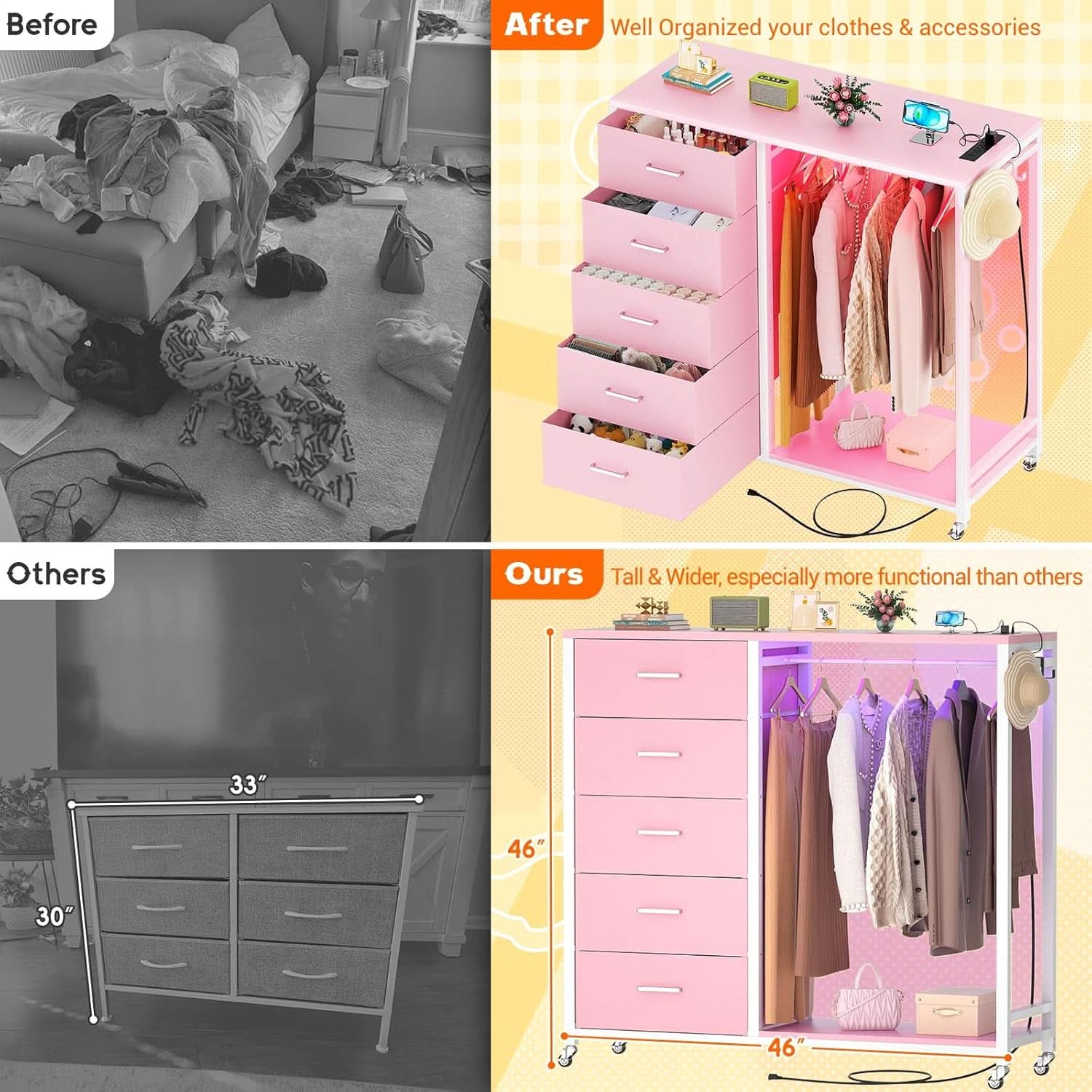 Pink Dresser With Clothes Rack 5 Drawers Charging Station - JM Suppliers International