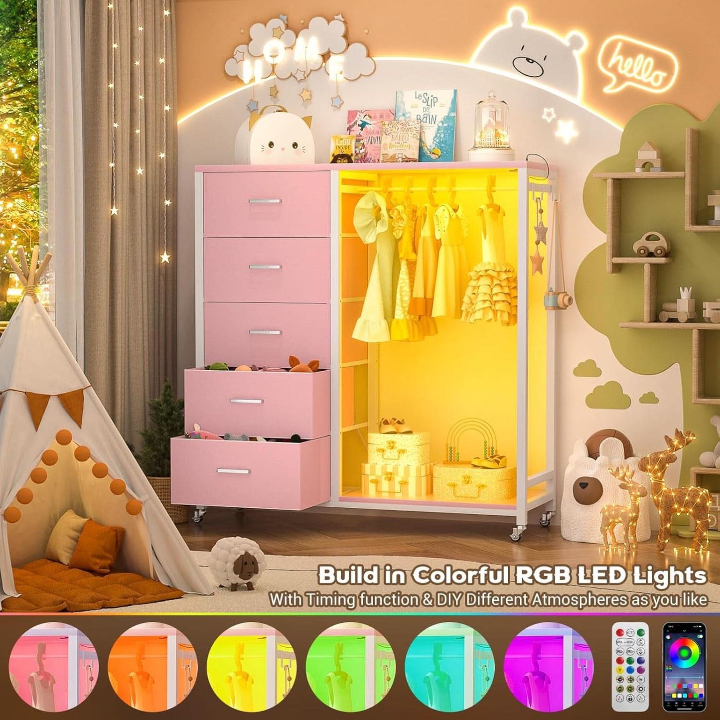 Pink Dresser With Clothes Rack 5 Drawers Charging Station - JM Suppliers International