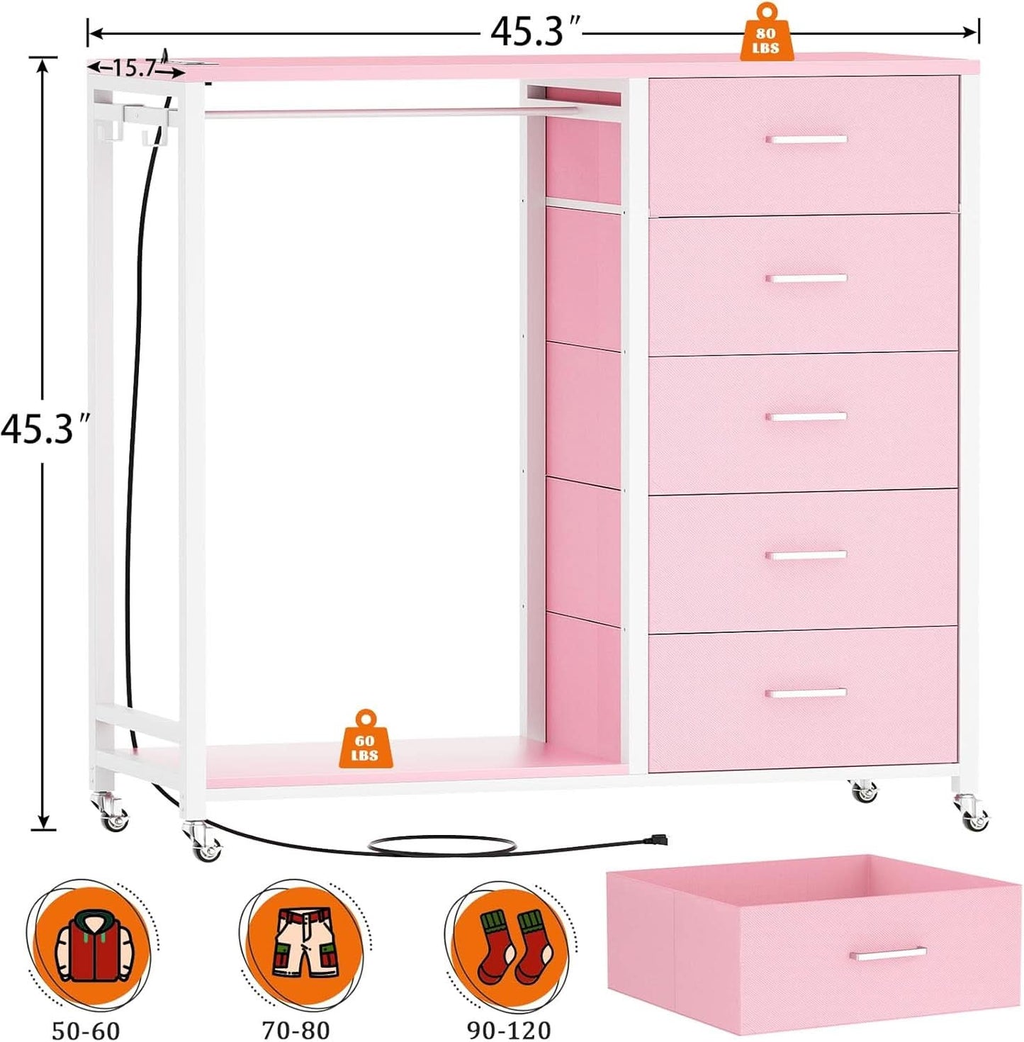 Pink Dresser With Clothes Rack 5 Drawers Charging Station - JM Suppliers International