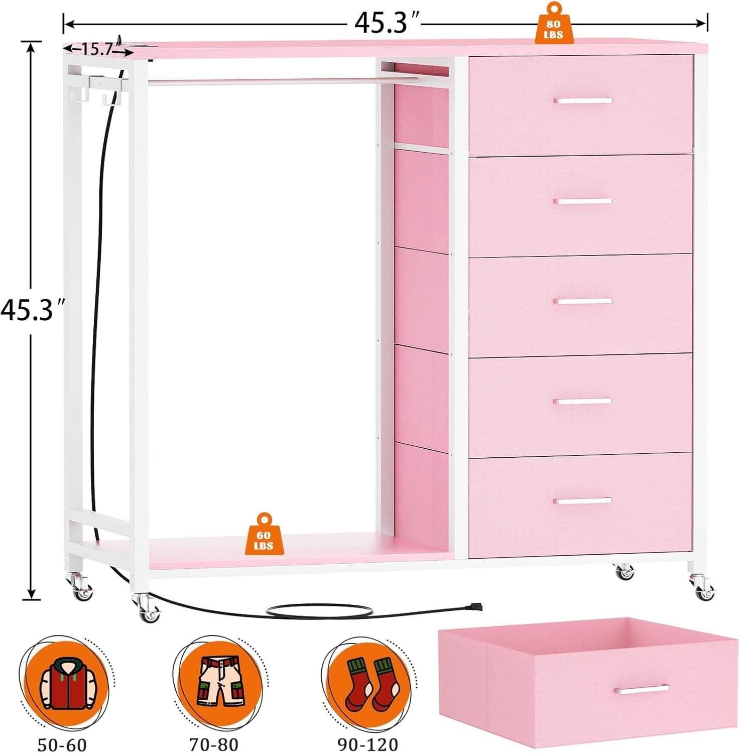 Pink Dresser With Clothes Rack 5 Drawers Charging Station - JM Suppliers International