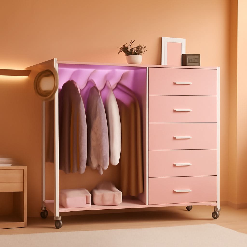 Pink Dresser With Clothes Rack 5 Drawers Charging Station - JM Suppliers International